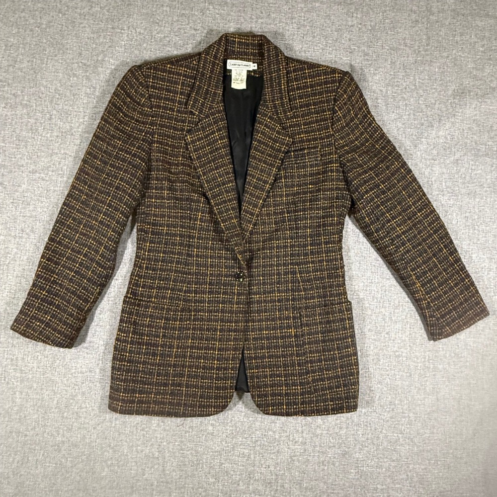 VTG Lauren Alexandra Blazer Women 4 Brown Plaid Tweed Wool Blend Academic Jacket
